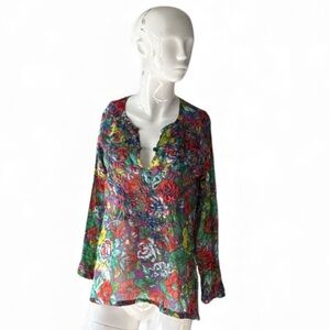 Raj Floral Embroidered Semi Sheer Purple Multi Boho Coverup or Tunic Size Small